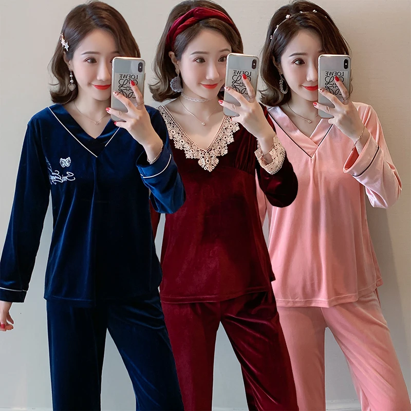 

2021 Autumn Winter Long Sleeve Gold Velvet Pajama Sets for Women Sexy Lace V-neck Sleepwear Pyjama Homewear Pijama Mujer Clothes