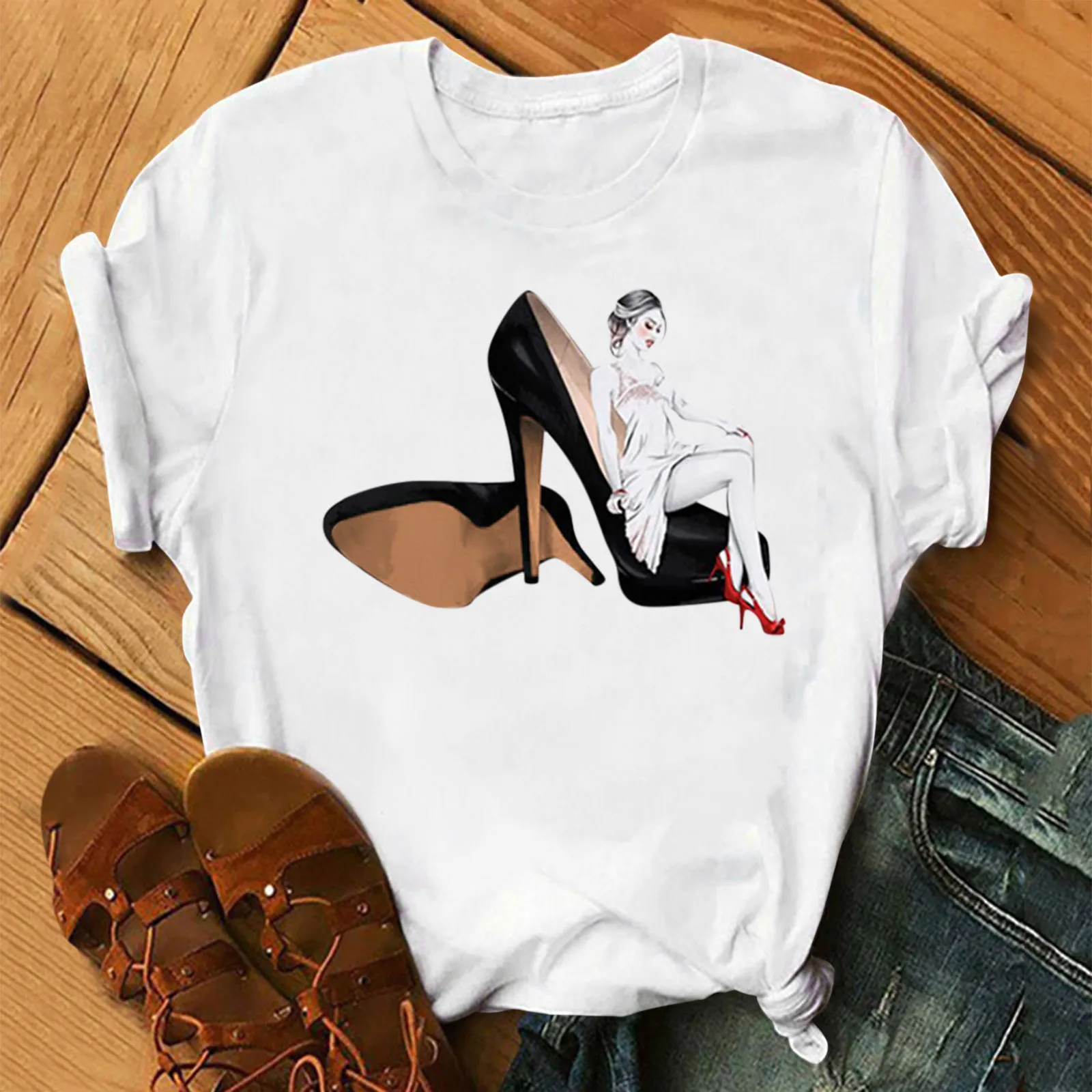 

Женская Повседневная футболка с принтом, футболка с круглым вырезом и коротким рукавом, модная летняя одежда, женские футболки в стиле Хара...