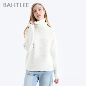 Женский шерстяной свитер BAHTLEE, свитер с высоким воротником, пуловер с длинными рукавами, осенне-зимний вязаный джемпер, Свободный теплый