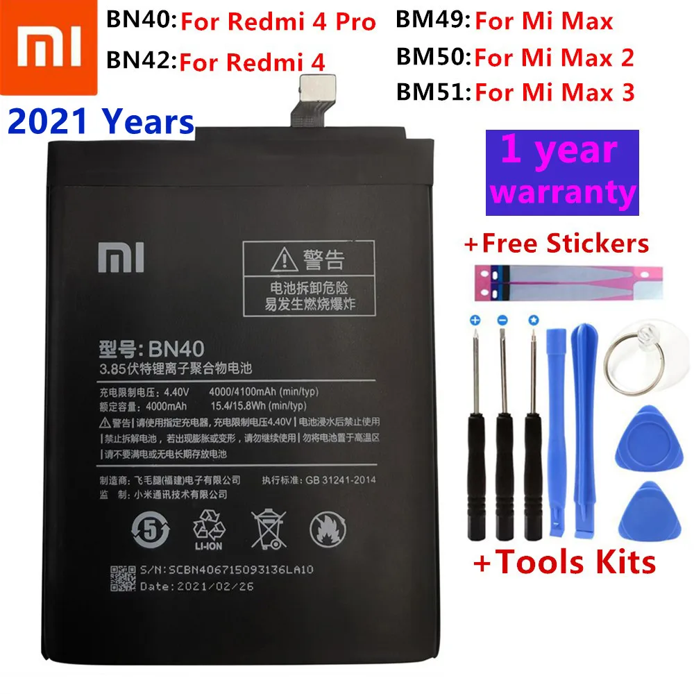 

Original Battery BN40 BN42 BM49 BM50 BM51 For Xiaomi Redmi 4 Pro Prime 3G RAM 32G ROM Edition Redrice 4 Redmi4 Mi Max Max2 Max3