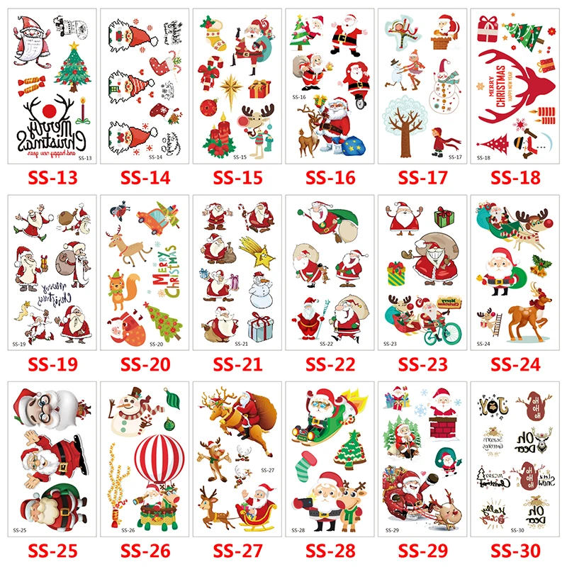 30pcs/lot Christmas Decorations Tattoo Stickers Children Party Gift Temporary Tattoo Santa Tattoo set Kids White Snow Fake Tatoo