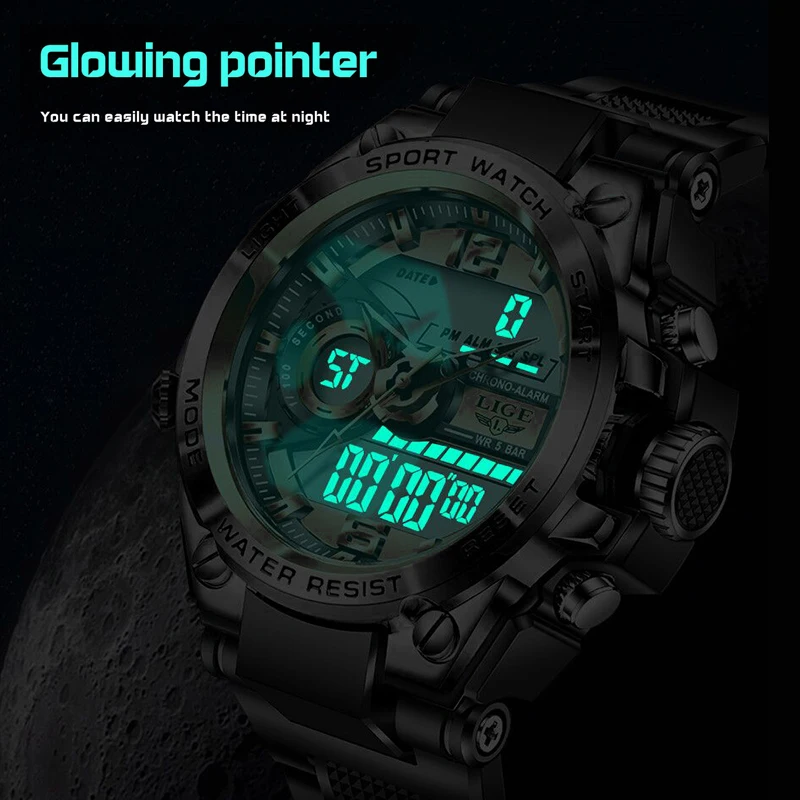 Часы наручные LIGE мужские в стиле милитари брендовые водонепроницаемые