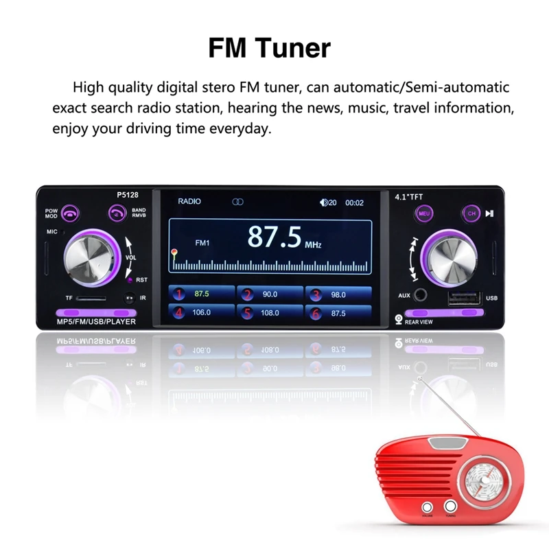 Автомагнитола с 4 1-дюймовым дисплеем Tft Lcd 1080P Bluetooth Mp5 Am/Fm/Rds |