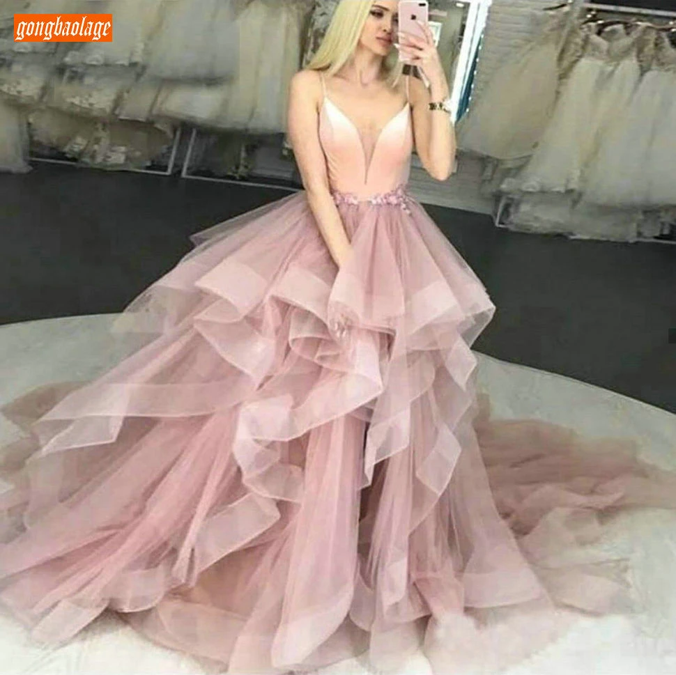 Сочные розовые Выпускные платья бохо длинные тонкие лямки Тюлевое бальное