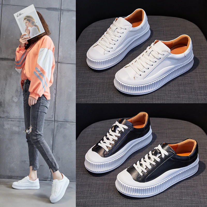 

Women's Platform Vulcanize 2021 Fashion Genuine Leather Cowhide Shoes Spring Autumn Woman Casual Lady Flats Running Sneakers