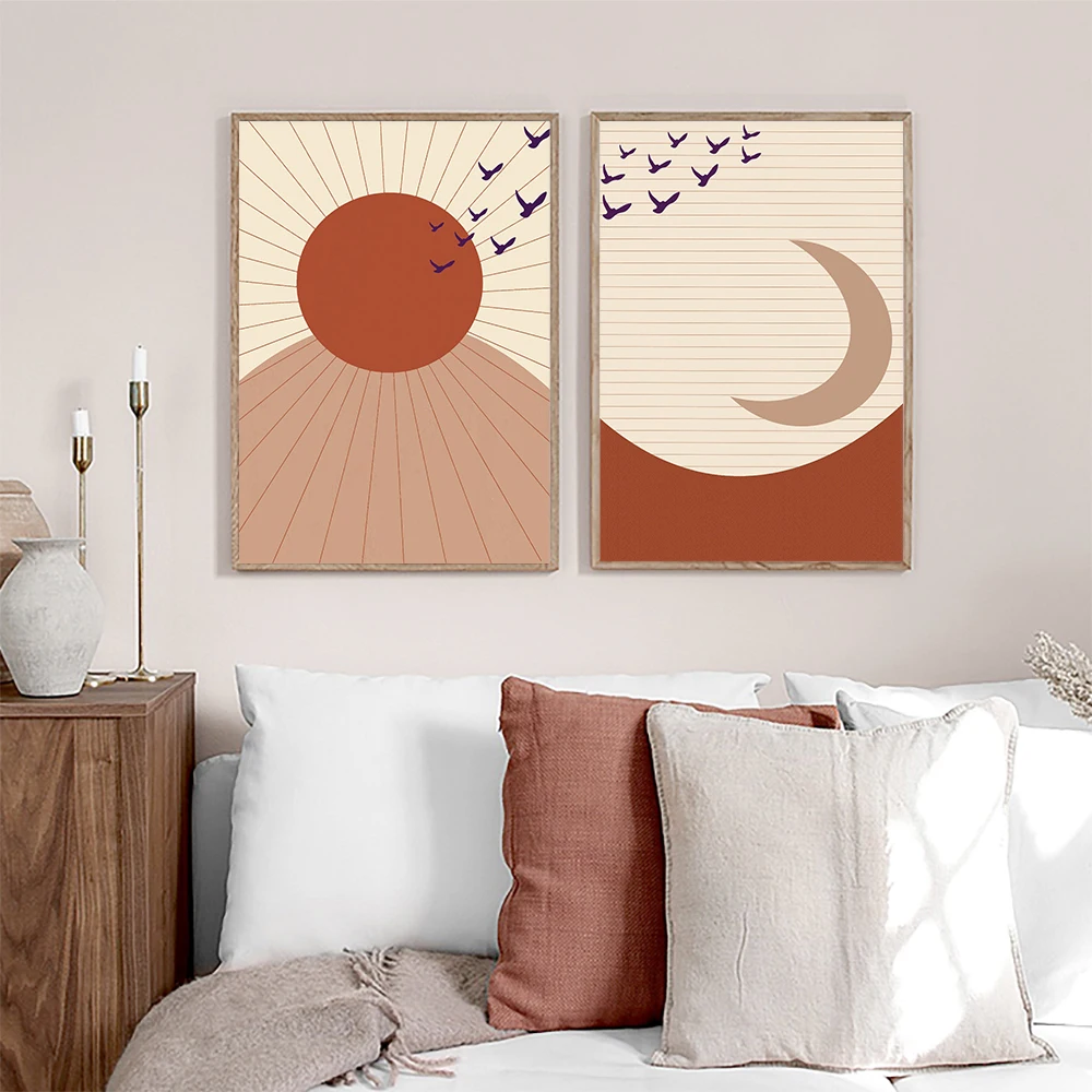 Художественные постеры с принтом Солнца и Луны абстрактный пейзаж Терракотовая