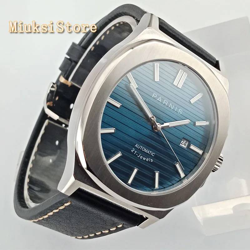 Мужские Роскошные Механические часы PARNIS 43 мм с синим циферблатом и сапфировым