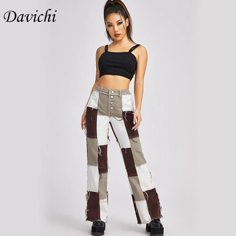 

Patchwork Jeans Woman High Waist Baggy Y2k Wide Leg Moms Vintage Straight Leg Pants Trolley Ribbon Trousers Fashion Streetwear