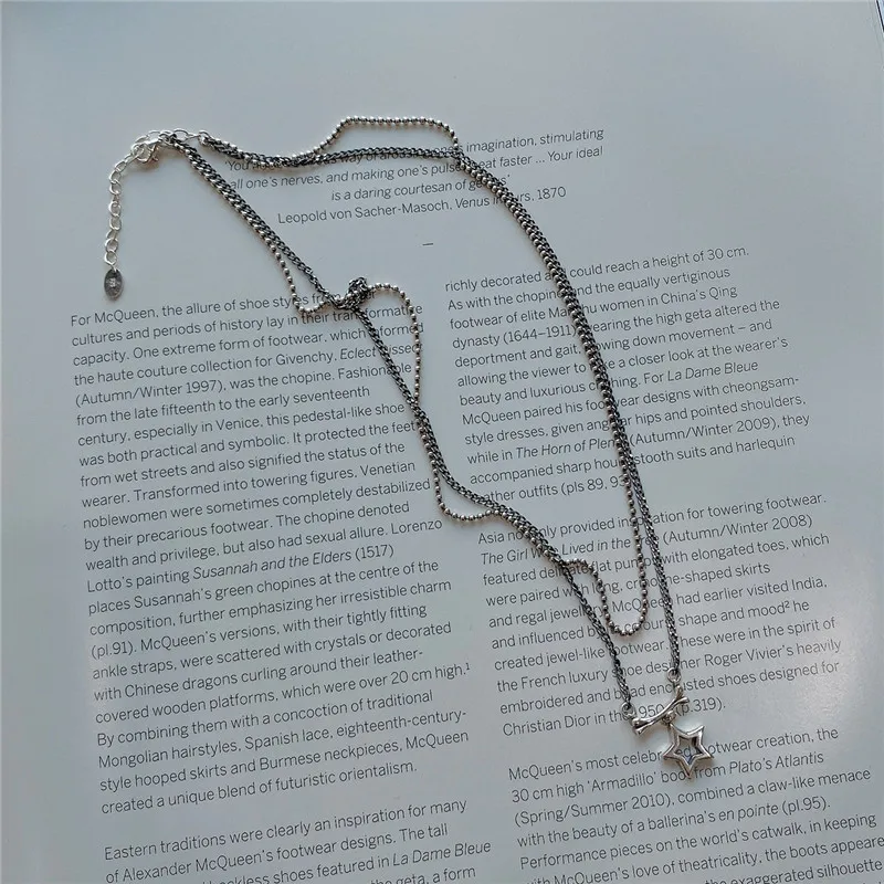 

POFUNUO Real 925 Sterling Silver Minimalism Women Double Layered Beads Chain Necklace Star Pendant Vintage Do Old Chic Necklaces