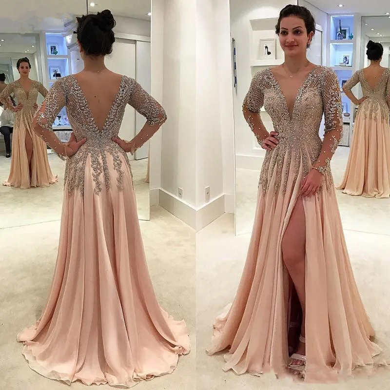 

Sexy Prom Dresses A-line Deep V-neck Long Sleeves Chiffon Beaded Slit Long Women Prom Gown Evening Dresses Robe De Soiree