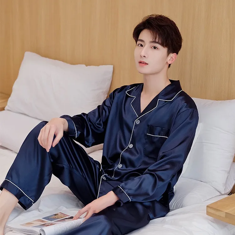 

Navy Blue Men Satin Pajamas Set 2PCS Shirt &Pants Plus Size Pyjamas Suit Long Sleeve Lounge Wear Sleepwear Nightwear 3XL
