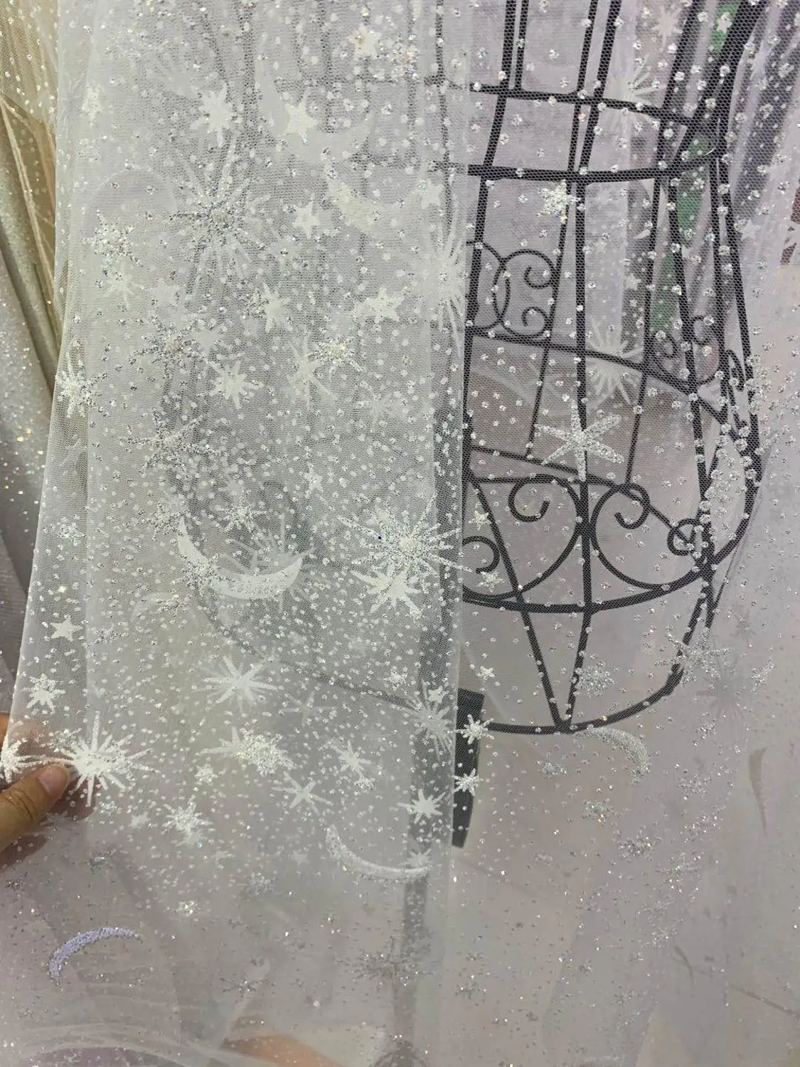 

5yards/bag Ivory pearl crystal silver glitter powder fashion fabric for wedding dress design HL99
