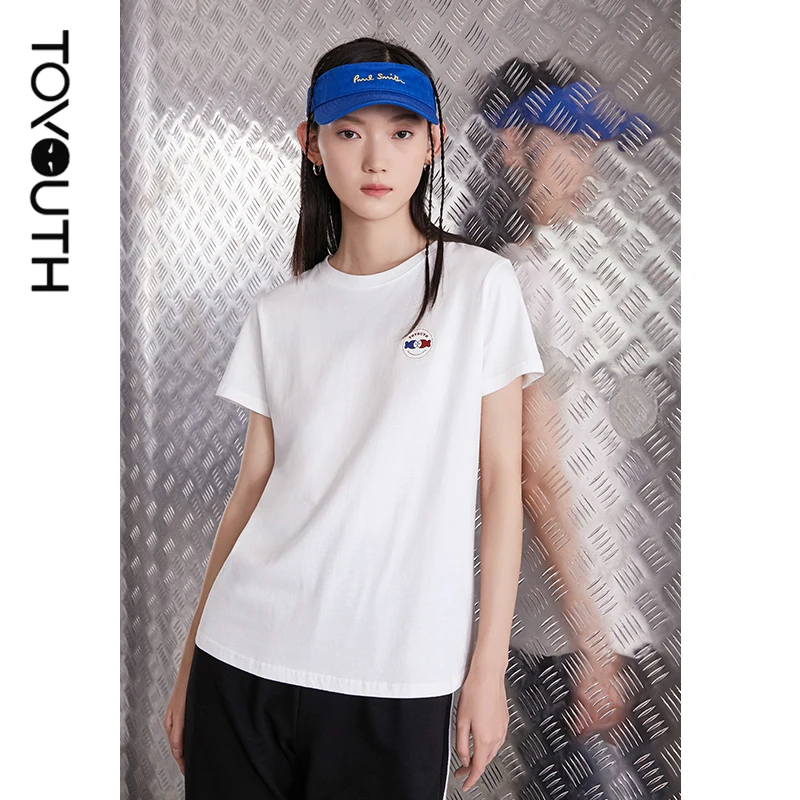 

Toyouth Women Tees Summer Short Sleeve Round Neck Loose T-shirts Fish Print Black White Casual Preppy Style Tops