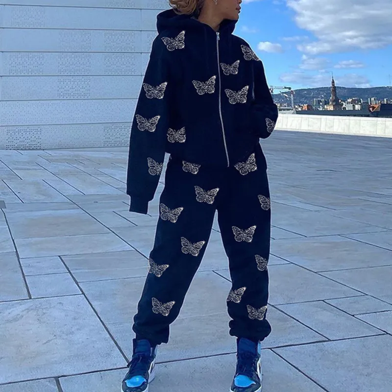 

Black Y2K Autumn Hoodies Women Butterfly Diamond Zip Up Korean Sweatshirt Winter Jacket Long Sleeve Hood Pullovers Pink