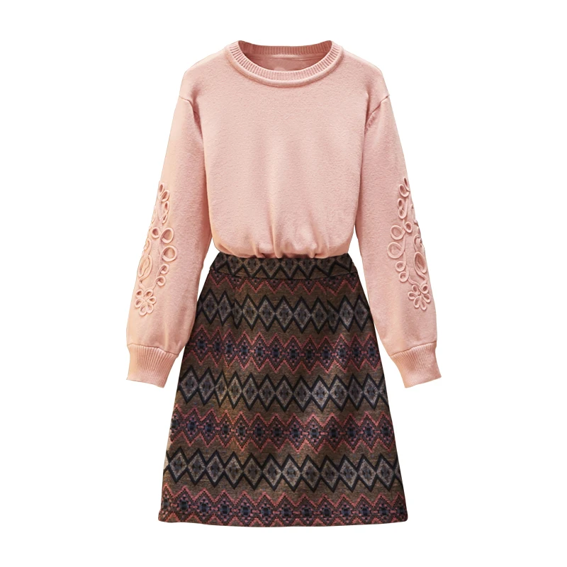 

Big Yards Couture Autumn Women Pink Sweater Pullover Top Print Skirt Outfit New Two-Piece Leisure Knitwear Set Clothing suits