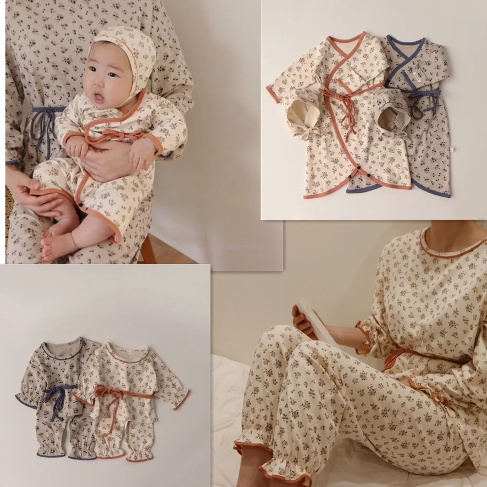 

Parent-child home service INS baby one-piece parent-child floral belt home suit children's elastic and comfortable closing suit