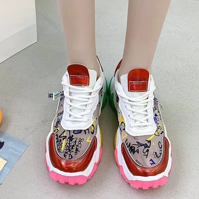 

New Fashion Rainbow Soled Walking Footwear Women Casual Wedge Sneakers Female Old Dad Shoes Outdoor Casual Women Sports Trainers