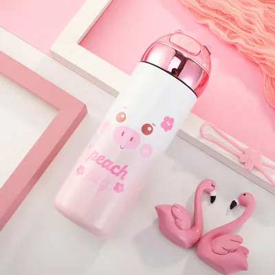 B Pig 330ml Boxi Милая термобутылка из нержавеющей стали для девочек, портативная объемная кружка с блестками из мультфильма с веревкой, открытый спортивный термос, кружка 300 мл - Color: B Pig 330ml