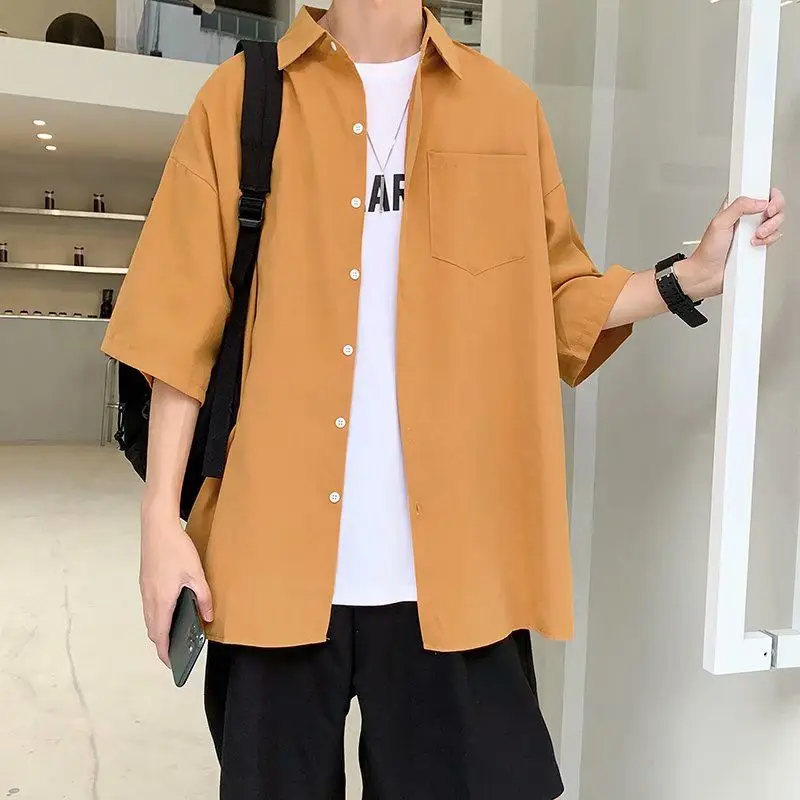 

Мужская рубашка с рукавом в пять точек, летняя рубашка в японском стиле ретро с короткими рукавами, Корейская свободная трендовая рубашка Ins...