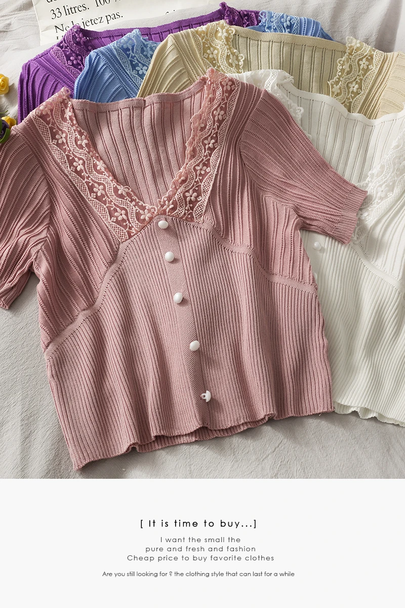 

Lace Stitching Vertical Stripes V-neck Slim Slimming Short-sleeved Knit Top Women Summer Short All-match