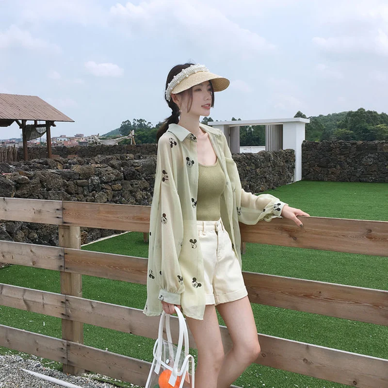 

Women Spring Summer Style Transparent Chiffon Blouses Shirts Lady Casual Long Sleeve See Through Anti-sunshine Top