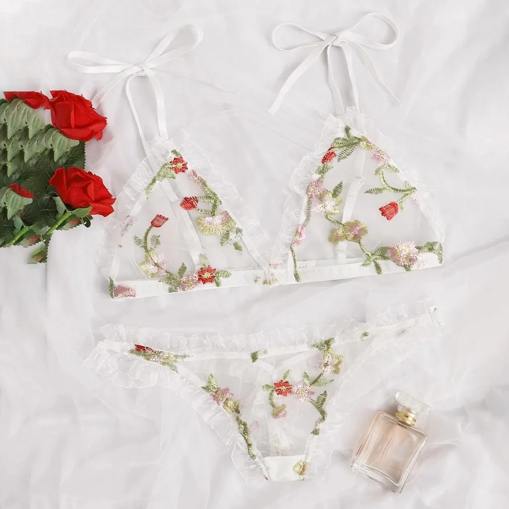 

Комплект нижнего белья женский, кружевной, прозрачный, с цветочной вышивкой