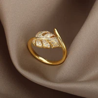 fashion palm leaf shape rings for women stainless steel gold color zircon adjustable finger ring party jewelry gift bijoux femme