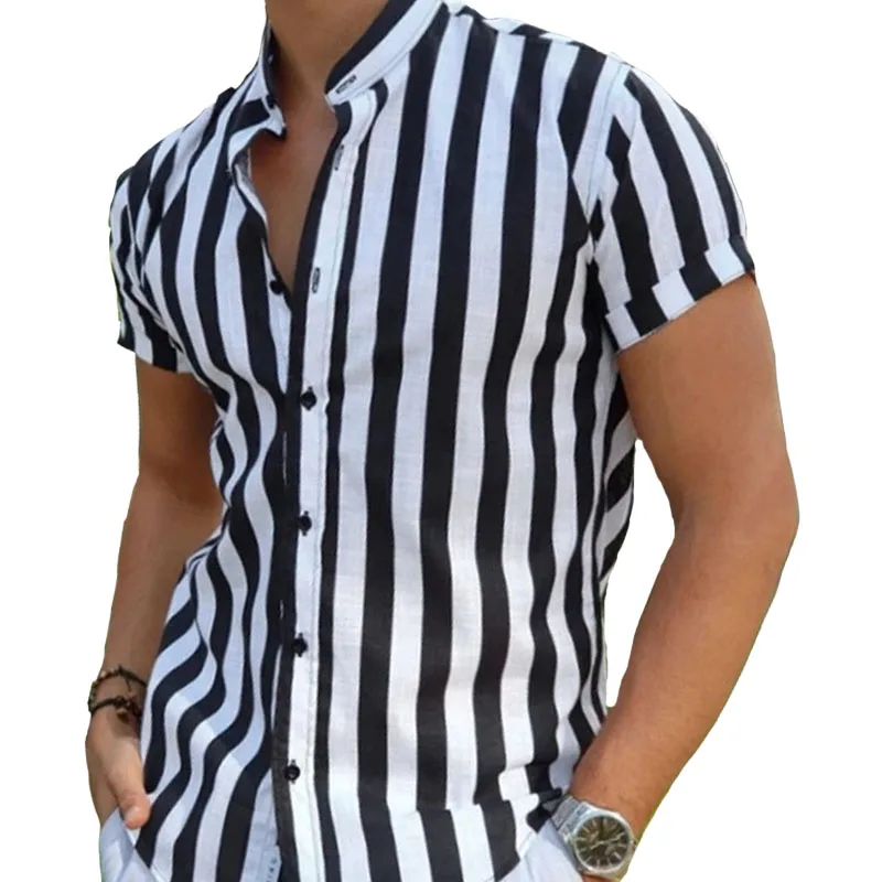 Fashion Casual Stand Collar Oversized Mens Vintage Black White Striped Shirts Summer New 90% Cotton Short Sleeve Shirt For Men