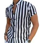 Рубашка мужская оверсайз с воротником-стойкой, модная Повседневная блуза в черно-белую полоску, из 90% хлопка, с короткими рукавами, в винтажном стиле, лето