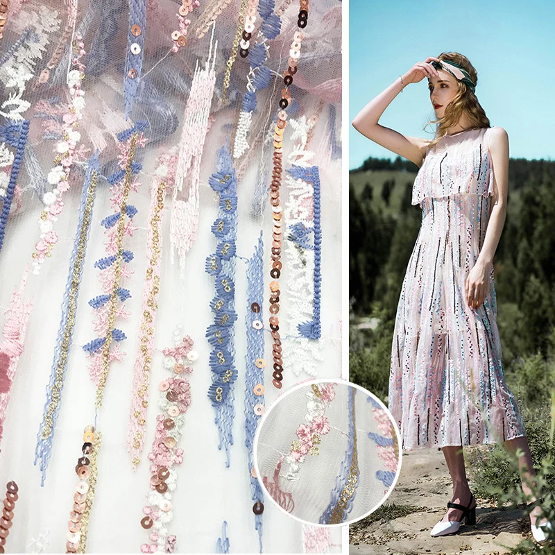 1 ярд 160 см пайетки цвета полиэстер шелк вышитые кружева ткань сетка Вышивка