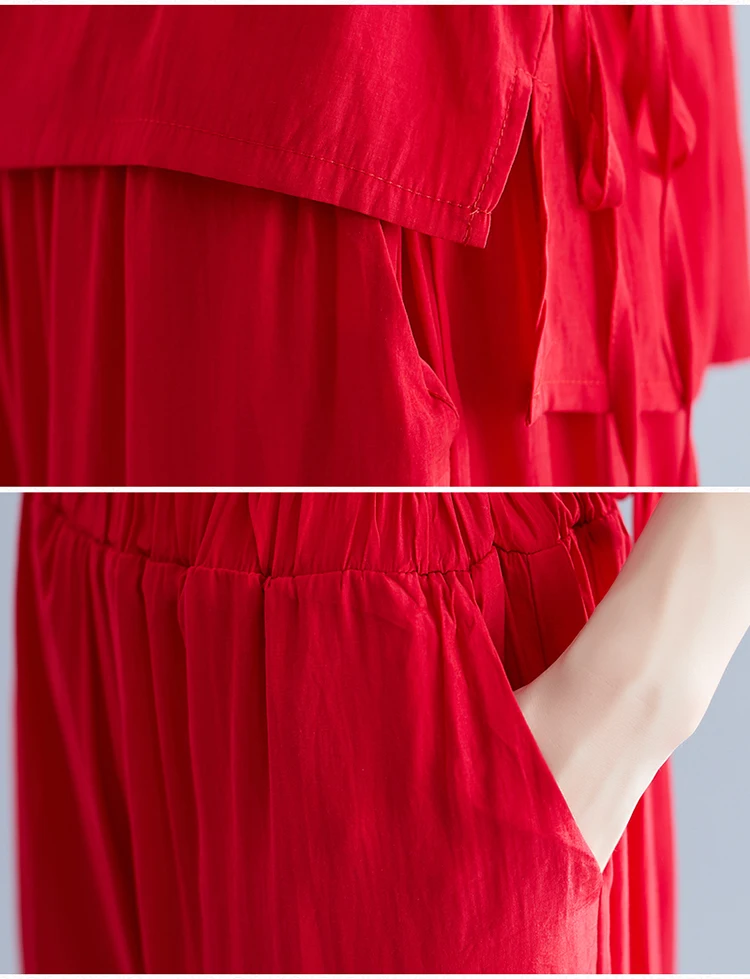 

Red Women Two Piece Outfits Summer Green Wide Leg Pants Casual Women's Tracksuits Ensemble Femme Deux Pieces Conjunto Feminino