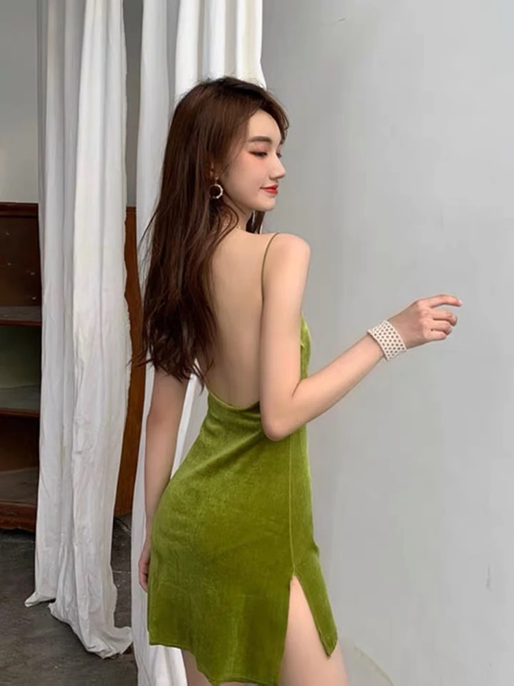 

y2k sexy backless dress bodycon slit mini dress off-shoulder sleeveless velvet dress evening
