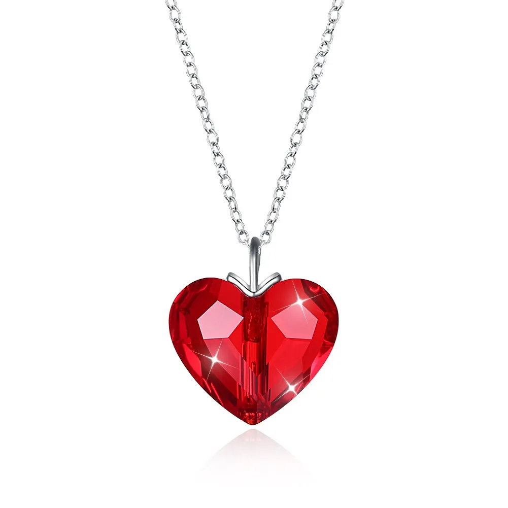 

SILVERHOO Sterling Silver 925 Jewelry Sweet Romantic Heart Necklaces Pendant For Women Red Austria Crystal Necklace Festival