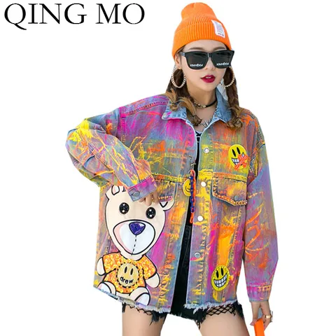 Женская джинсовая куртка с разноцветным принтом, ZQY5452