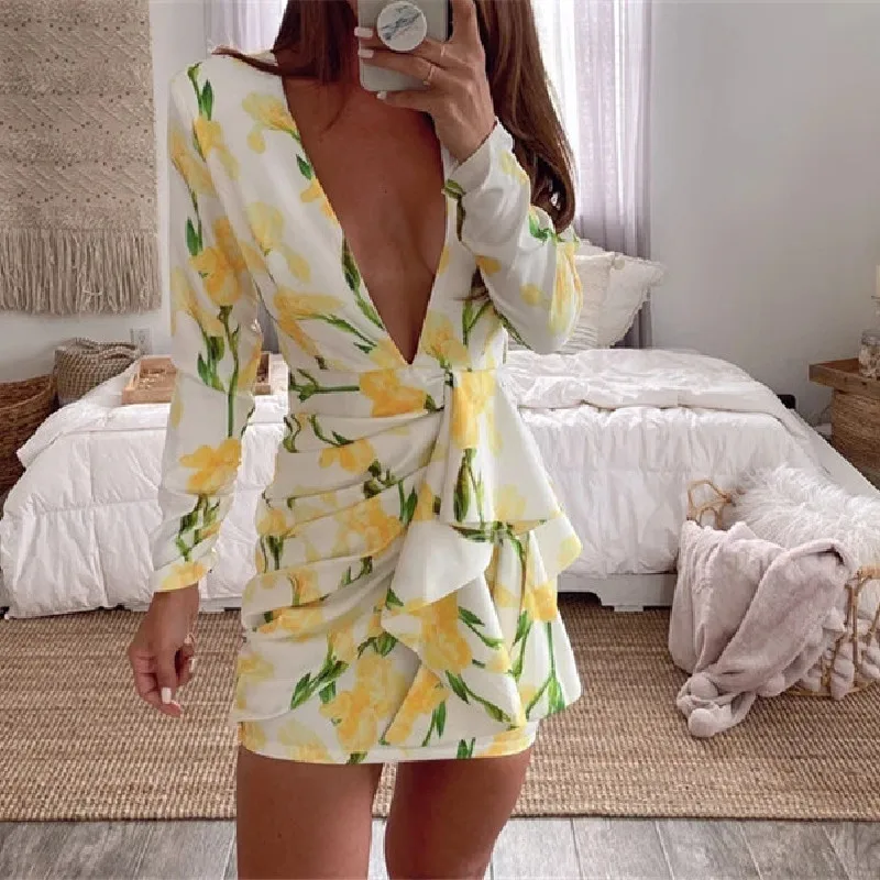 

Sexy Fashion Women Slim Dress 2020 New Arrival Backless Deep V-neck Print Mini Dress Women