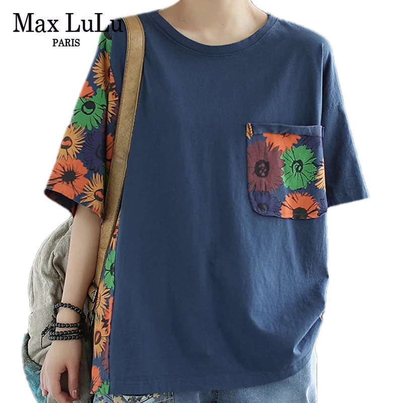 

Max LuLu British Designer 2021 Clothes Womens Patchwork Floral T-shirts Ladies O-Neck Printed Cotton Tees Female Oversized Tops