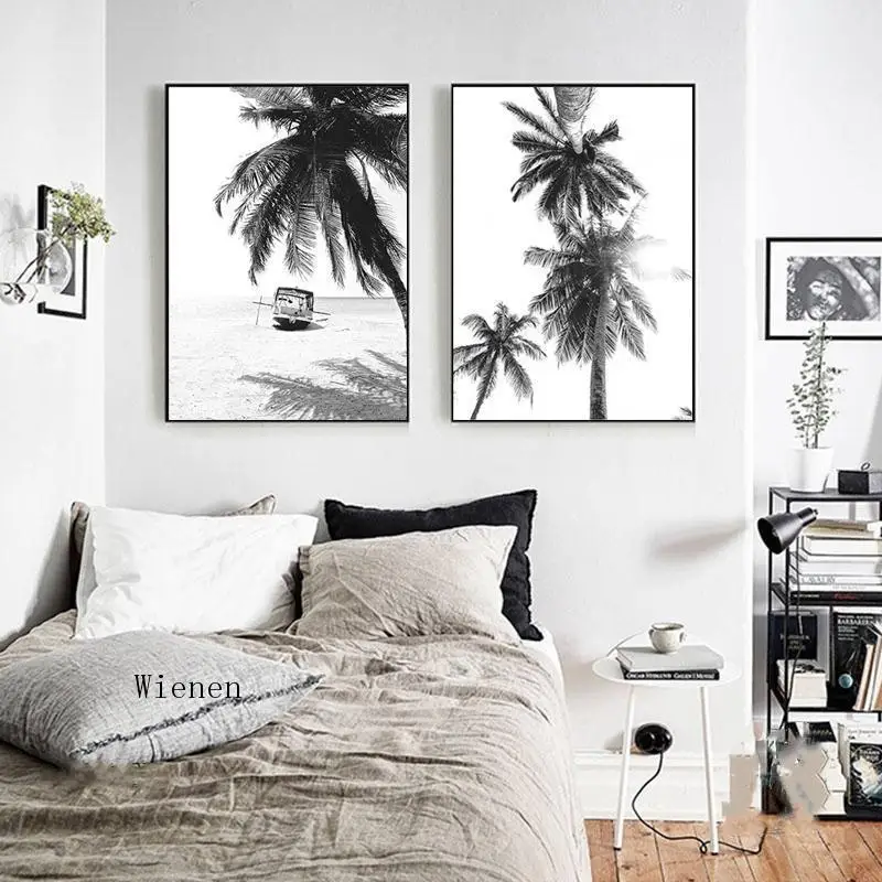 

Tropical Plant Landscape Canvas Painting Minimalist Black White Poster Print Beach Palm Tree Wall Art Picture for Home Decor