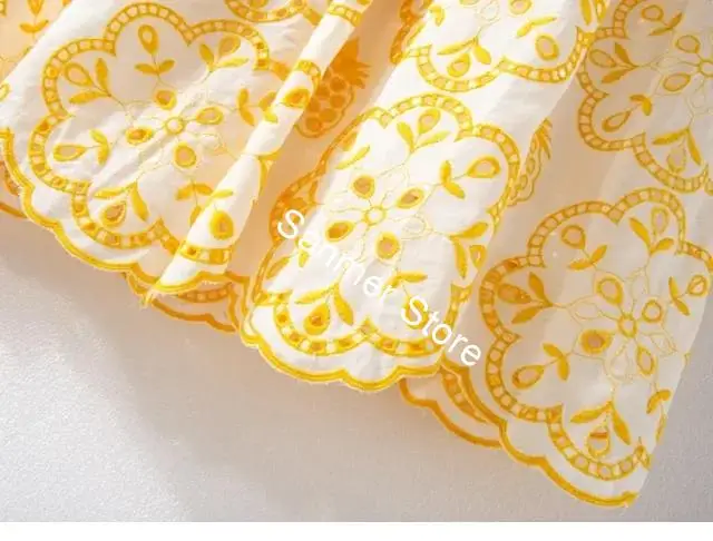 

Hollow out Women Midi Dress Puff Sleeve Pleated Floral Embroidery V-neck Spring Summer Buttons Dresses
