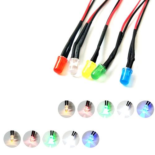 

50Pcs 3V 5V 6V 9V 12V 24V 36V 48V 110V 220V Colorful Lens 5mm LED With 20cm Red&Black Wire, White Red Blue Green Yellow