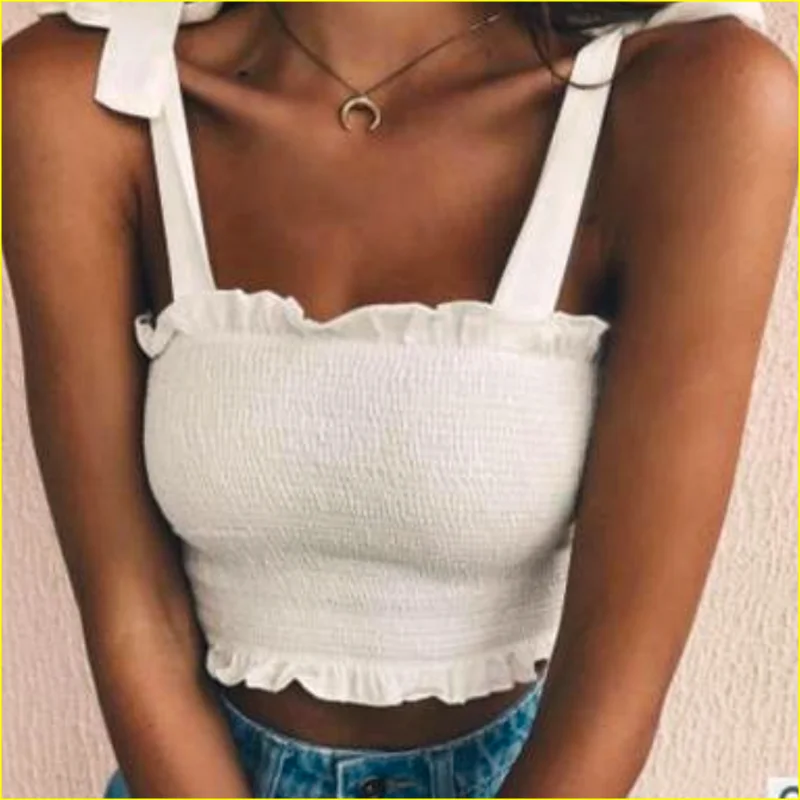 2020 New Summer and Autumn Tube Top Ladies Bow Tie Wrinkle Vest Lettuce Edge Elastic Band Solid Color Cute Multiple Colors