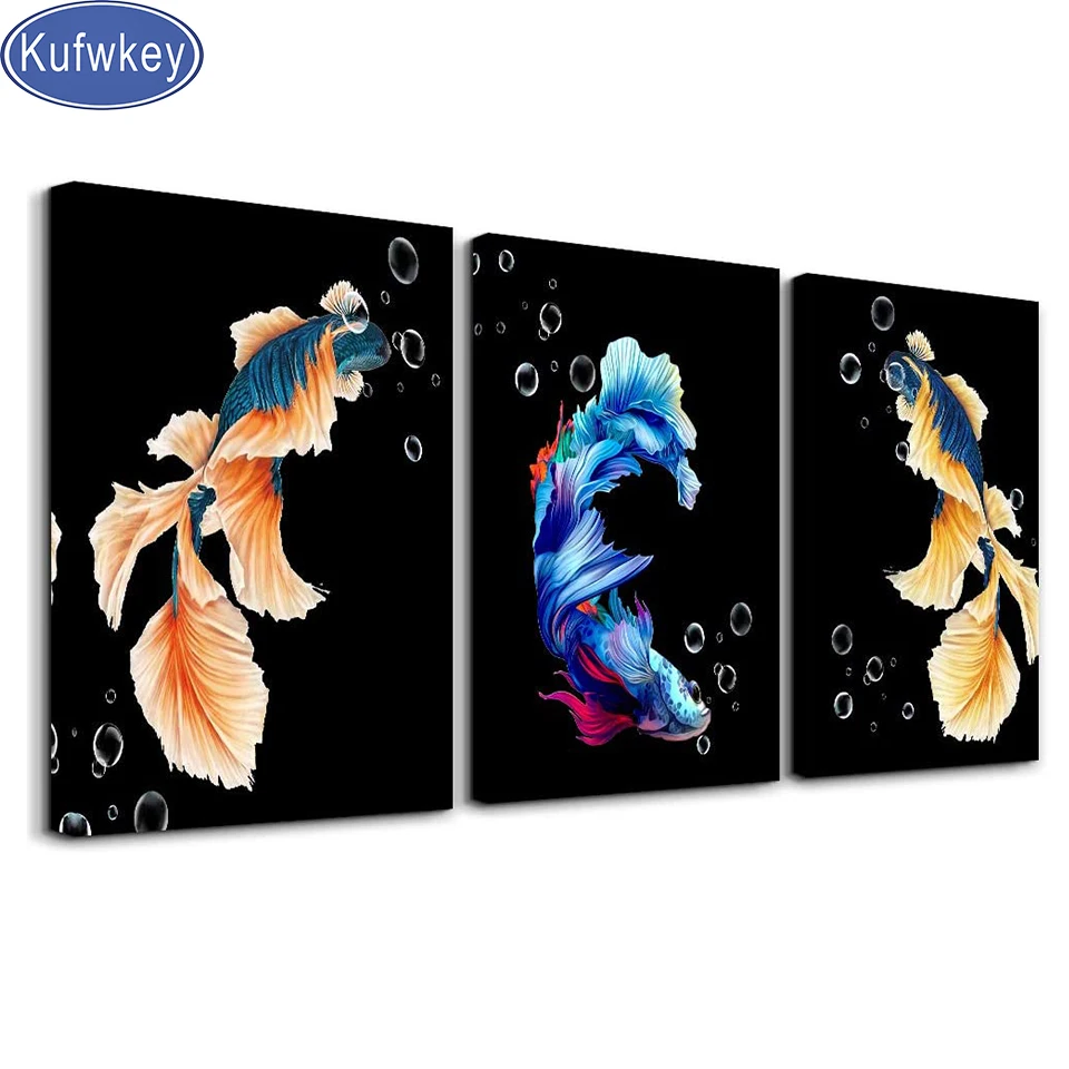 

3 Pcs/set Blue Koi Fish 5d diamond painting full diamond embroidery living room dining room Decor cross stitch triptych