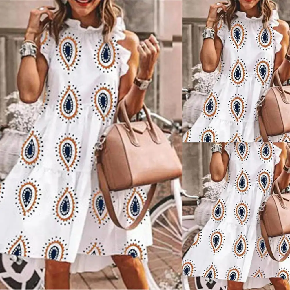 

Party Dress A-line Above Knee Cotton Blend O Neck Loose Dress for Cocktail