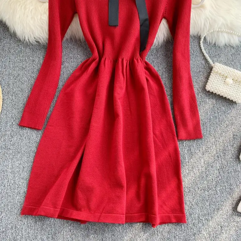 ALPHALMODA осеннее трикотажное платье с длинными рукавами и галстуком-бабочкой, милое женское платье с тонкой талией в консервативном стиле, трикотажное платье