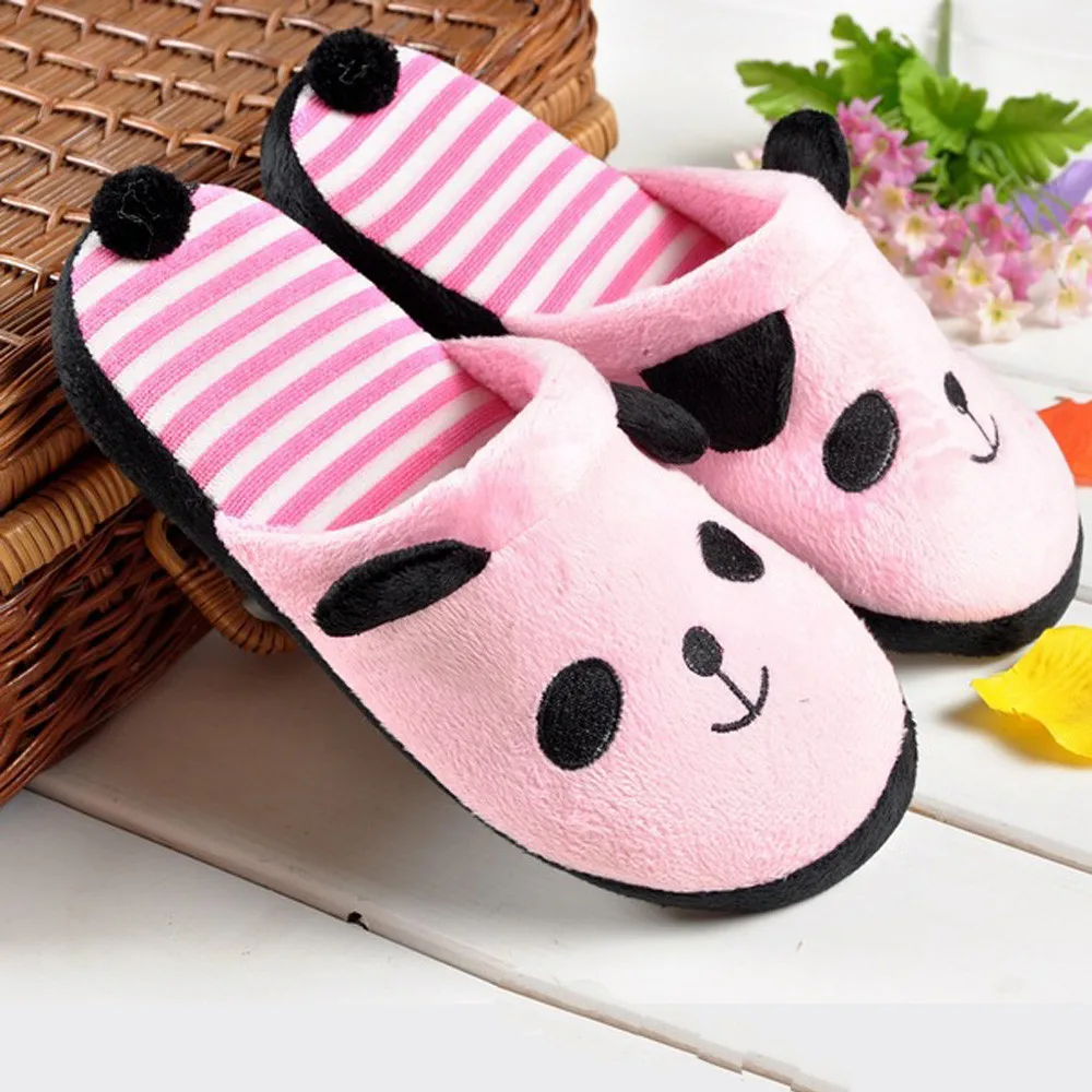 Женские теплые тапочки милые домашние с пандой из мультфильма мягкие полосатые