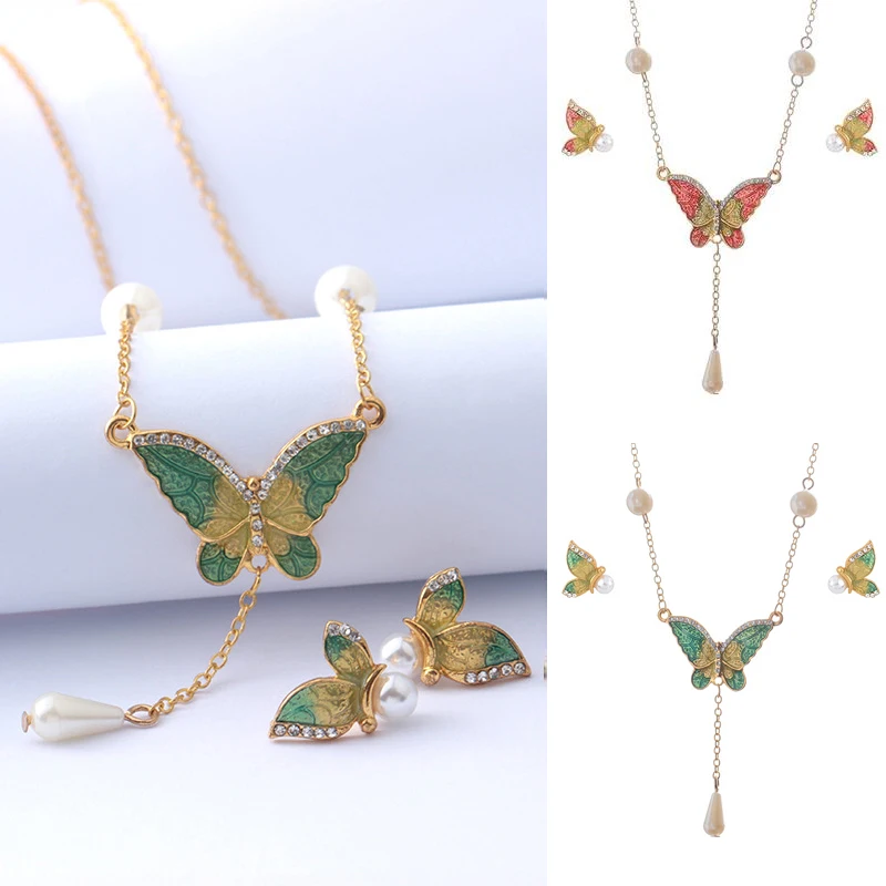 

Colorful Butterfly Inlaid Rhinestone Pendant Necklace Earrings Set Fashion Exquisite Pearl Jewelry Set Gift Wholesale Hot Sale