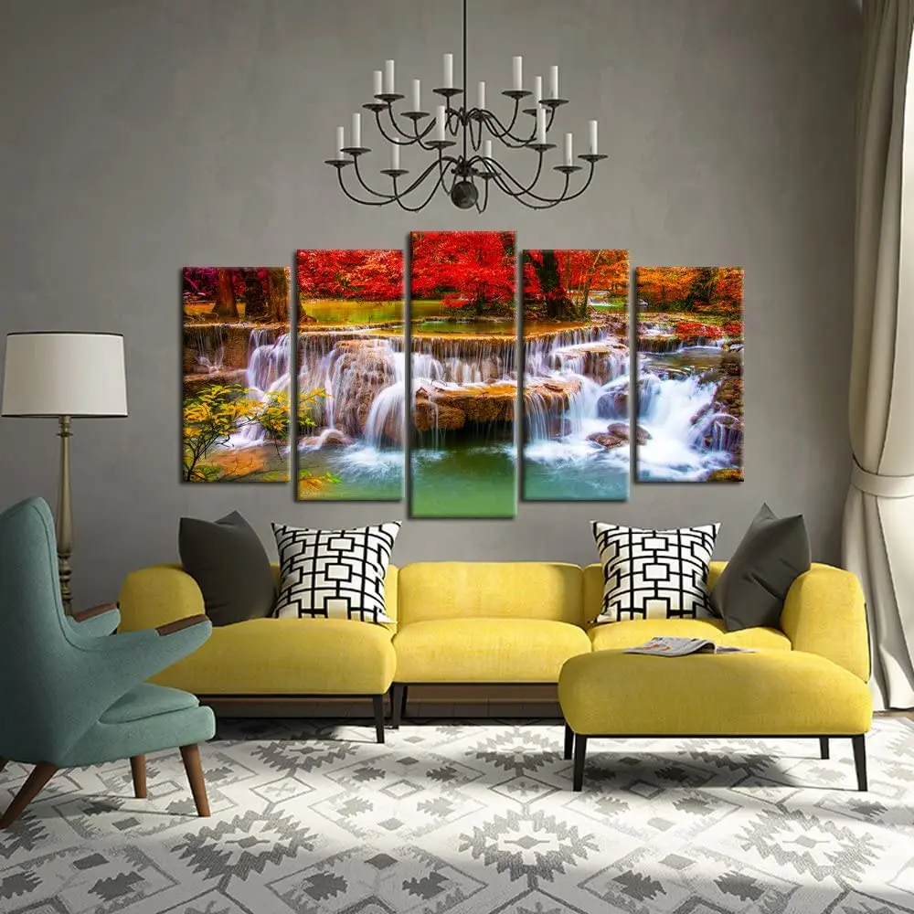 

5 Pcs Green Dreamlike Waterfall 5 Pcs Canvas Picture Print Wall Art Canvas Painting Wall Decor for Living Room No Framed