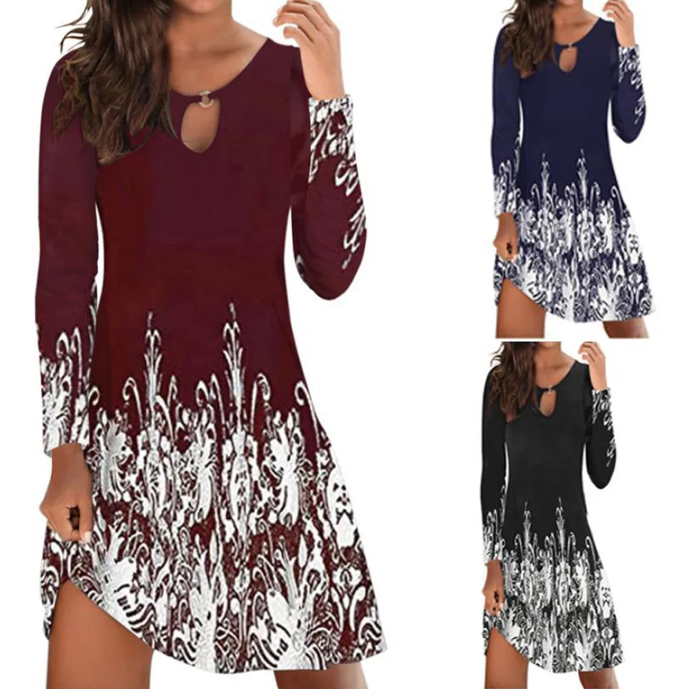 

Fashion printed long-sleeved dress women New hedging slim midi skirt Beautiful women's clothing in autumn and winter