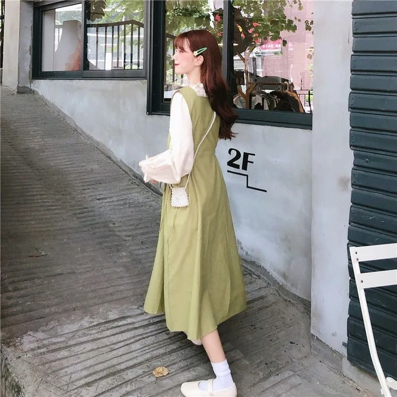 

Women Sleeveless Dress Solid Loose High Waist Square Collar Mid-calf Length Student All-match College Korean Style Ulzzang Retro