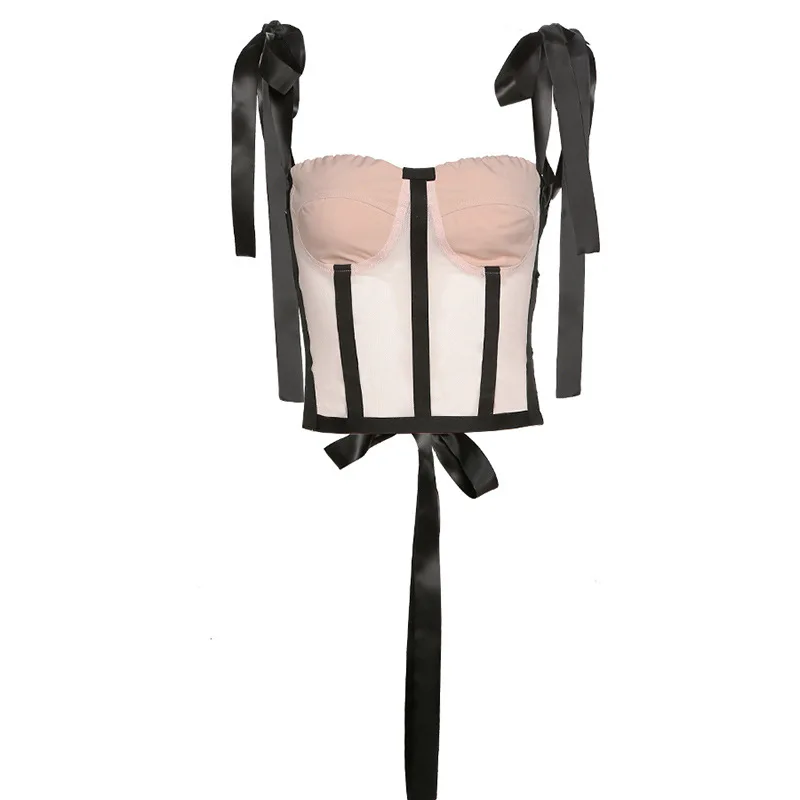 

Sweet Girl Patchwork Color Contrast Mesh Bandage Design Camisole Women Sexy Backless Slim Clubwear Basic Wild Streetwear