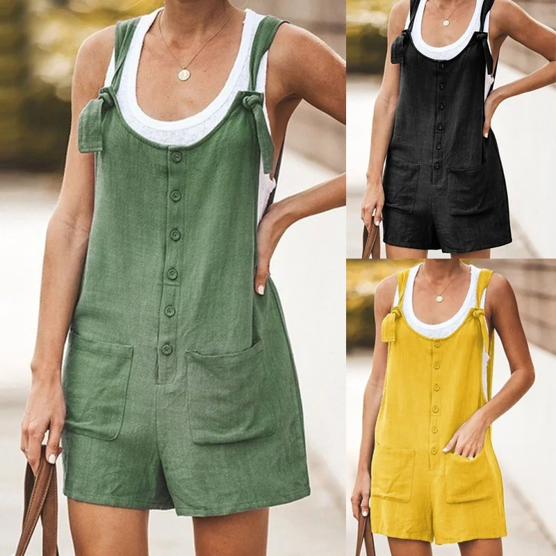 

Solid Color Plus Size Casual Women Rompers Summer Backless Lace -up Playsuits Ladies Tank Jumpsuits Button Pocket Loose Overalls